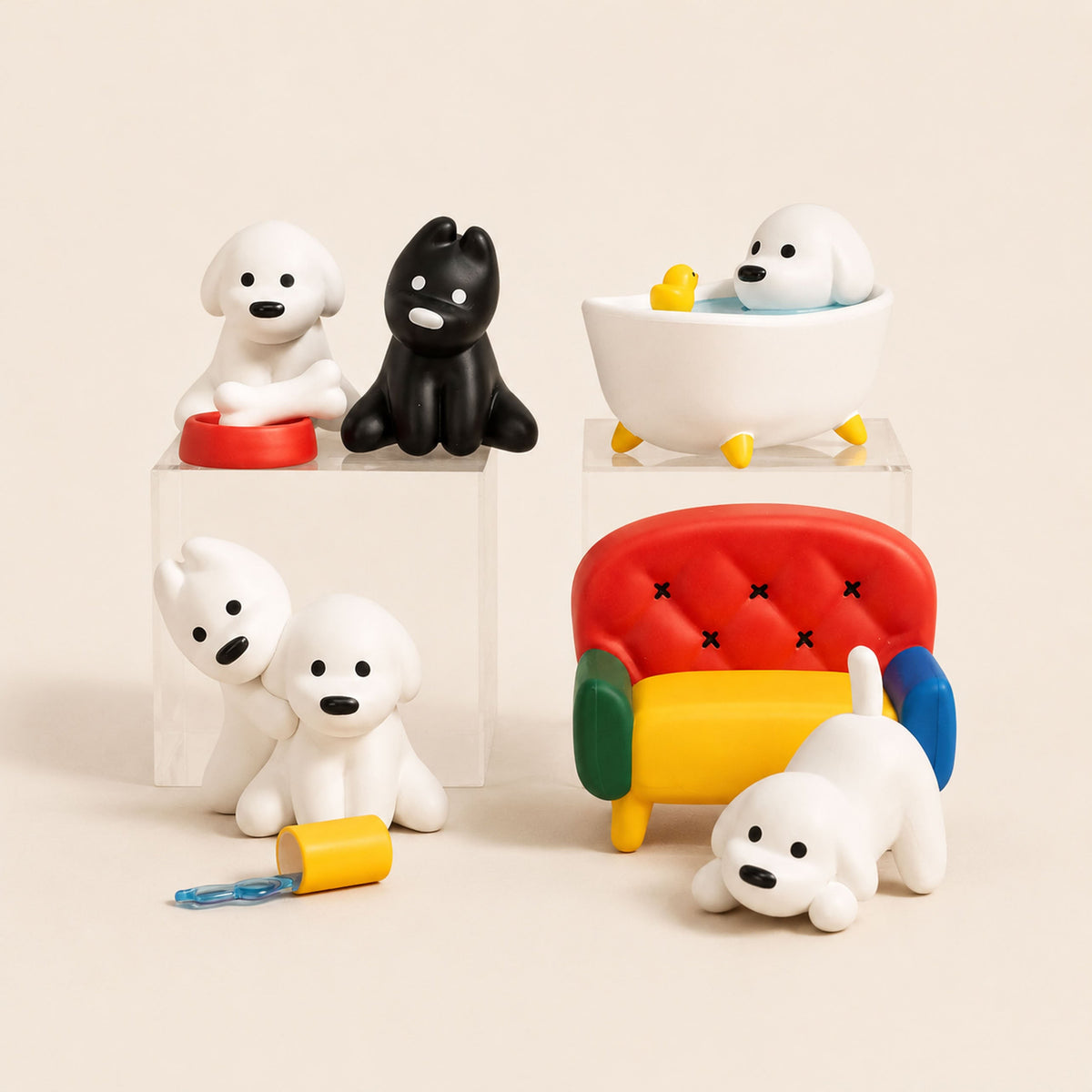 matsui dog figures lounging on a sofa and in a bath, from the DOGS blind-box collection