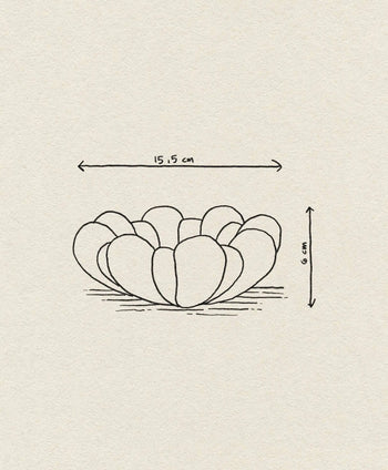 A simple line drawing of the 101 Copenhagen Bloom Tray, Mini by 101 Copenhagen, showing its organic shape with arrows and labels for its 15.5 cm width and 6 cm height on a textured off-white background.