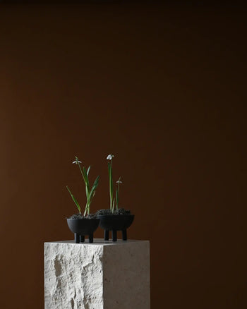The 101 Copenhagen Duck Bowl, Big from 101 Copenhagen sits atop a textured white stone pedestal against a plain brown background, showcasing minimalist Scandinavian design in this modern composition.