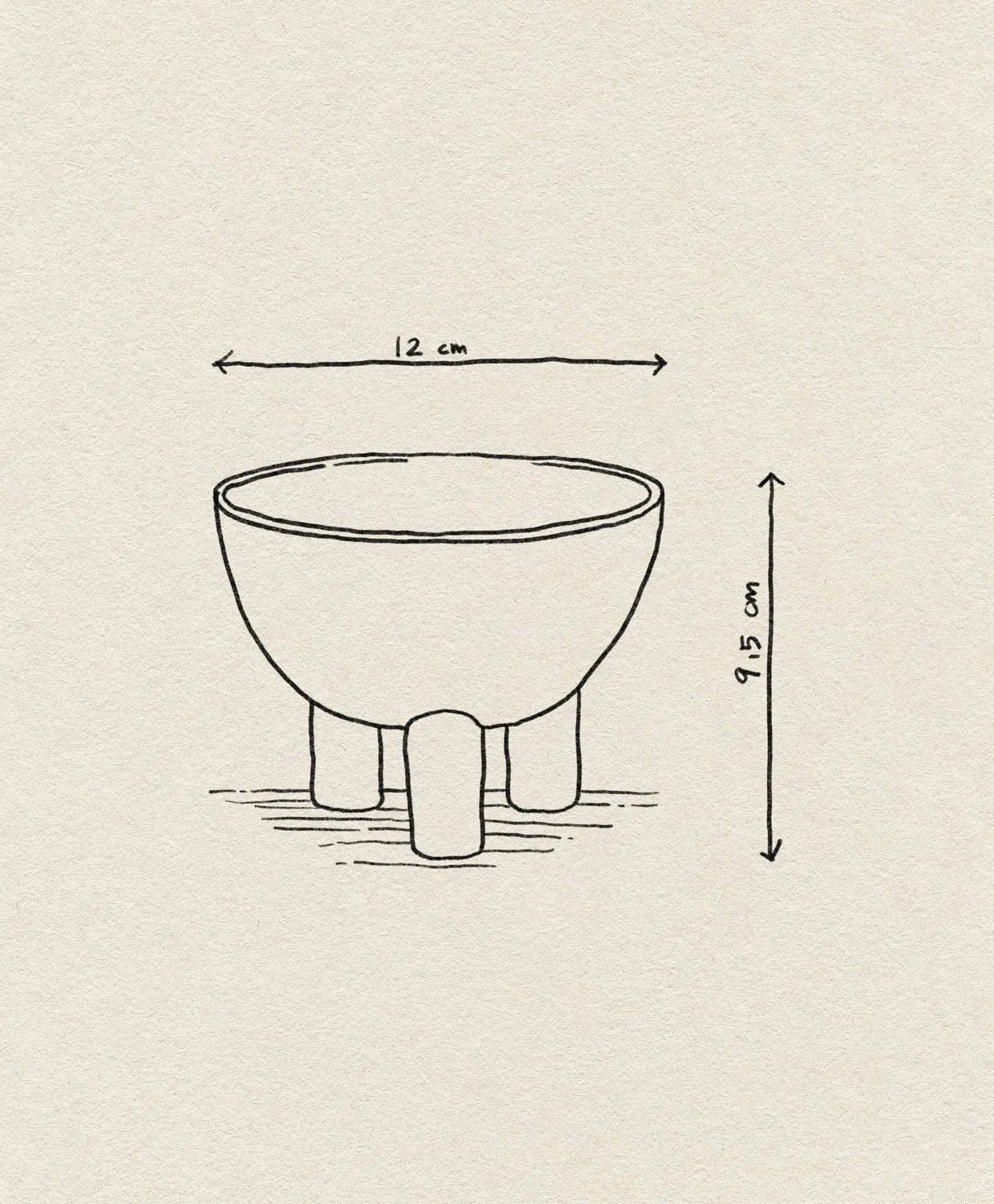 A simple line drawing of the 101 Copenhagen Duck Bowl, Mini by 101 Copenhagen, featuring three short legs. Labeled arrows show its dimensions: 12 cm diameter and 9.5 cm height.