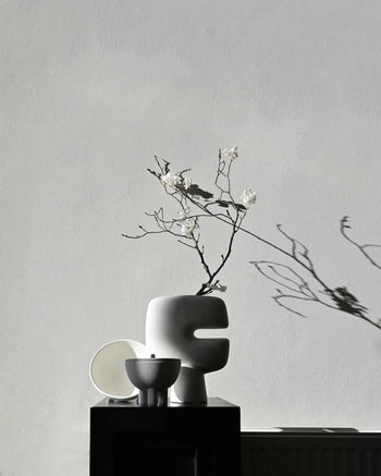Minimalist still life with the 101 Copenhagen Duck Jar, Medio by 101 Copenhagen, featuring blooming branches, a round white dish, and a hand-glazed small bowl—all casting soft shadows on a light gray wall.