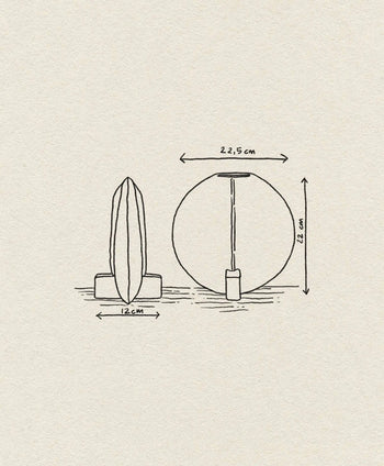 Line drawing of the 101 Copenhagen Guggenheim Vase, Petit, a round hand-glazed vase by 101 Copenhagen. Shown from front and side views with labeled dimensions: 12 cm wide (side), 22.5 cm wide (front), and 22 cm tall.