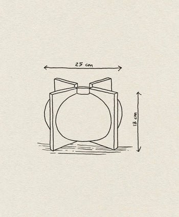 A line drawing of the 101 Copenhagen Kyoto Vase, Mini by 101 Copenhagen: a round ceramic vase with a bold bow on top, shown with measurement arrows and handwritten dimensions (25 cm wide, 13 cm tall).