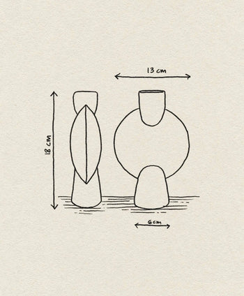 Line drawing of the 101 Copenhagen Sphere Vase Bubl, Mini by 101 Copenhagen, showing front and side views. This geometric vase measures 18x13x6 cm and features an abstract rounded shape with a narrow neck and base—perfect for home décor.