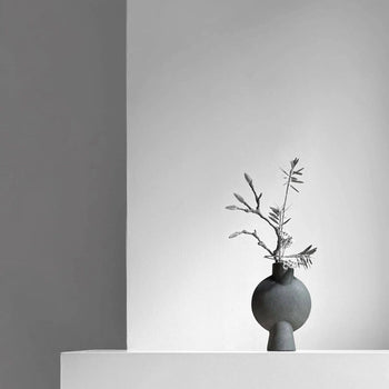The 101 Copenhagen Sphere Vase Bubl, Mini by 101 Copenhagen, featuring a minimalist geometric design with thin branches and delicate leaves, sits on a white surface against a light gray wall for an elegant home décor look.