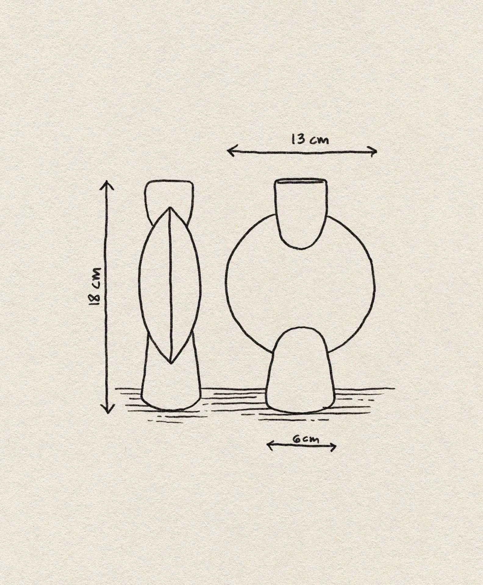A simple drawing shows the 101 Copenhagen Sphere Vase Bubl, Mini from two angles, measuring 18 cm tall, 13 cm wide, and a 6 cm base. Its geometric and symmetrical design by 101 Copenhagen makes it a unique home décor accent.