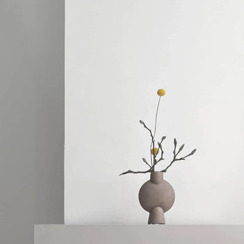 The 101 Copenhagen Sphere Vase Bubl, Mini by 101 Copenhagen features a minimalist geometric design with dry branches and yellow billy balls, displayed on a light surface against a white background—ideal for modern home décor.