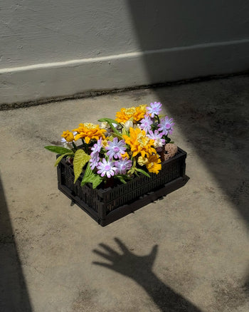 The Ah!GUGU x Stacked Store Bloom in Golden Hour - Handcrafted Flowers, arranged in a black recycled plastic pot with yellow and purple blooms, rests on a sunlit floor as a hand’s shadow reaches toward the display.