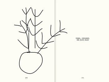 A simple black line drawing of a fennel bulb on white. Text reads FENNEL, CORIANDER, AND OLIVE SALAD, inspired by Copenhagen restaurants and the Frederik Bille Brahe cookbook from Apartamentos All The Stuff We Cooked: 49 Recipes. Pages 270–271 shown.