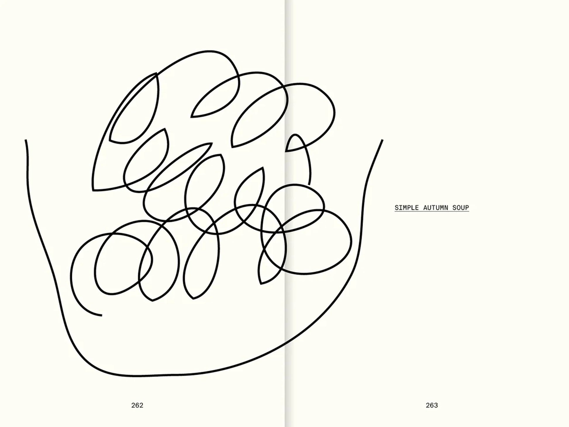 A black, looping abstract line drawing resembling a bowl with swirling shapes sits on a cream background. Text reads SIMPLE AUTUMN SOUP, echoing the simple recipes in Apartamento All The Stuff We Cooked: 49 Recipes.