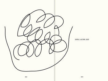 A black, looping abstract line drawing resembling a bowl with swirling shapes sits on a cream background. Text reads SIMPLE AUTUMN SOUP, echoing the simple recipes in Apartamento All The Stuff We Cooked: 49 Recipes.