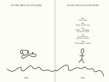 An open book from Apartamento, All The Stuff We Cooked: 49 Recipes, shows simple line drawings of a dog and person with wavy lines, plus easy recipes like fried sage, autumn soup, salads, zucchini dishes, and lemon granita.