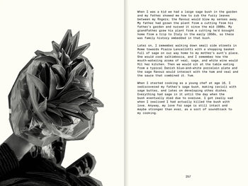 A grayscale image shows a person with their head wrapped in leaves. On the right, a page shares childhood memories and simple recipes inspired by family sage bush traditions and the Apartamento All The Stuff We Cooked: 49 Recipes cookbook.