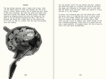 Black-and-white image of an open Apartamento All The Stuff We Cooked: 49 Recipes by Apartamento. The left page features a color photo of a cut lemon, ice cream scoop, and plate. Both pages contain text for simple recipes such as lemon granita.