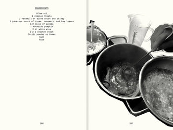 A two-page spread from Apartamentos All The Stuff We Cooked: 49 Recipes shows a list of simple recipe ingredients on the left and, on the right, a pot of stew being stirred next to rice and a measuring jug.