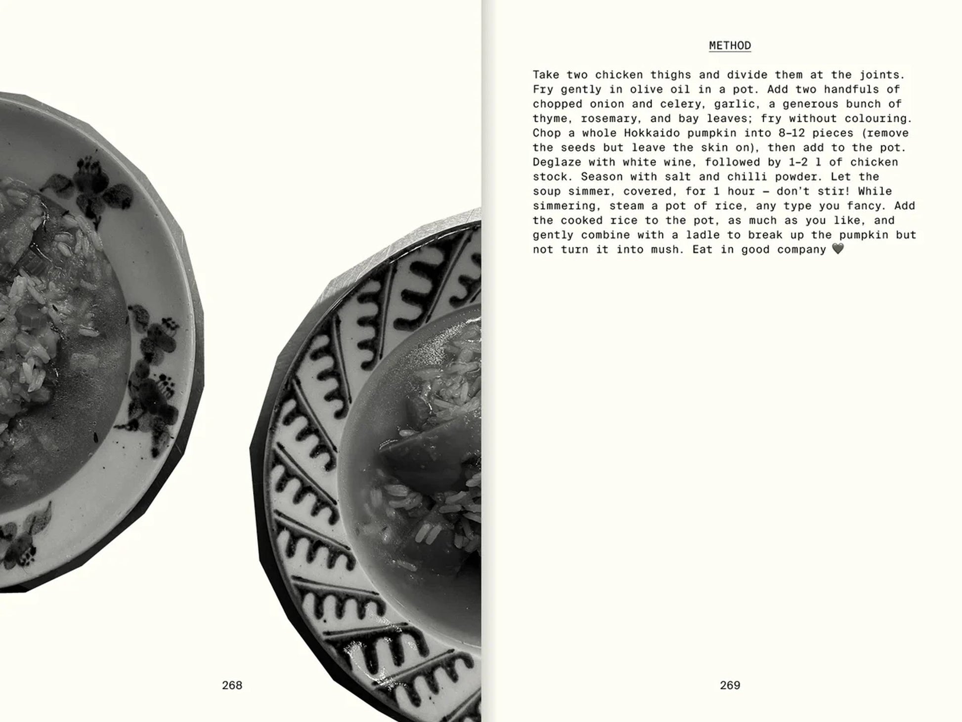A cookbook spread from Apartamentos All The Stuff We Cooked: 49 Recipes shows a bowl of soup with herbs on the left and a detailed recipe on the right, echoing the simple dishes found in Copenhagen’s restaurants.