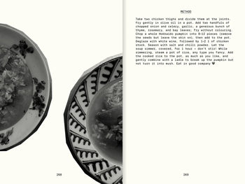 A cookbook spread from Apartamentos All The Stuff We Cooked: 49 Recipes shows a bowl of soup with herbs on the left and a detailed recipe on the right, echoing the simple dishes found in Copenhagen’s restaurants.