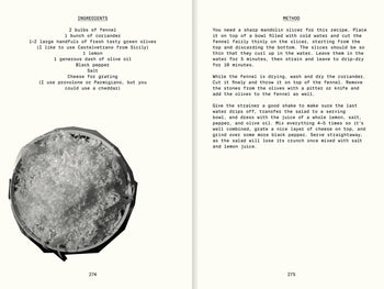 An open cookbook, Apartamento All The Stuff We Cooked: 49 Recipes by Apartamento, displays a fennel salad. The left page shows ingredients and sliced fennel; the right has preparation steps. The off-white background sets a simple mood.