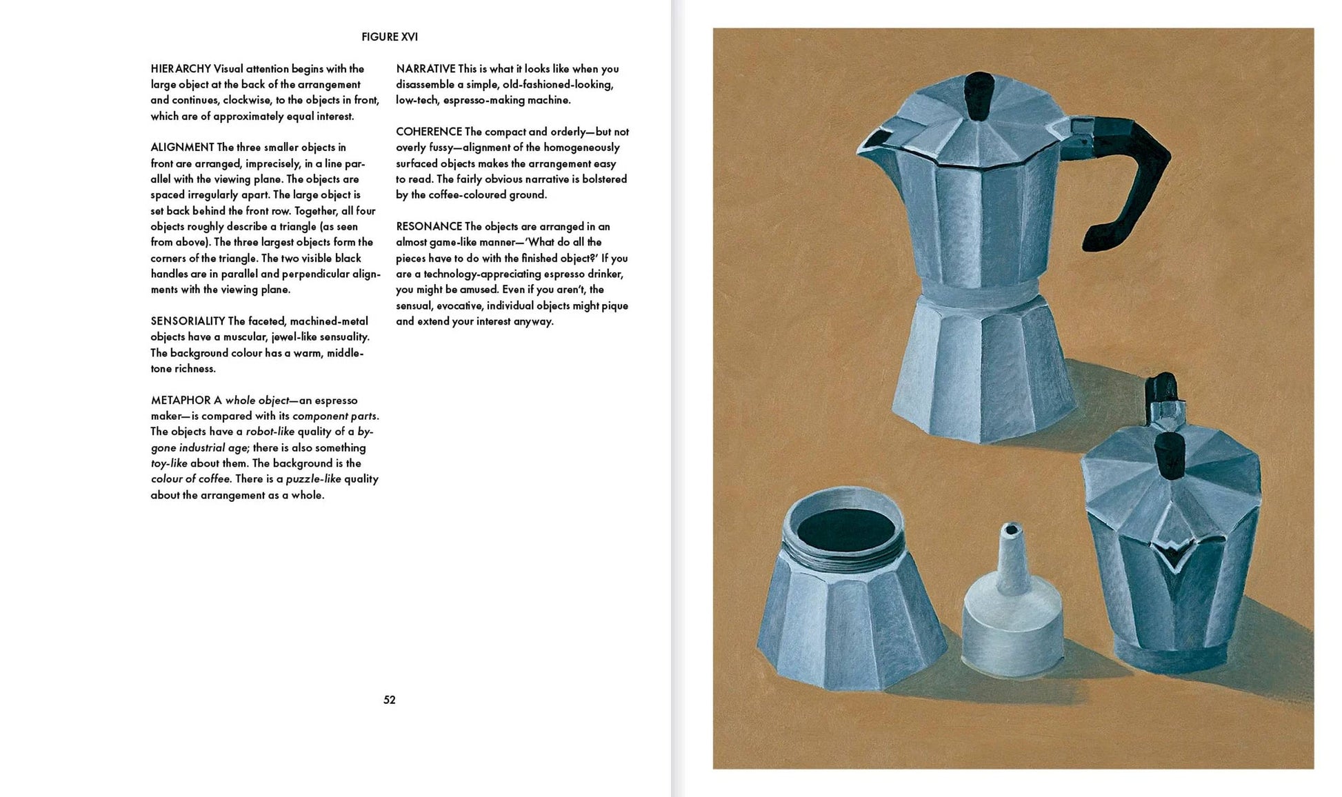 An open copy of Apartamento Arranging Things: A Rhetoric of Object Placement by Apartamento shows design concepts on the left page, and an illustration of silver stovetop espresso makers on a tan background on the right.