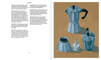 An open copy of Apartamento Arranging Things: A Rhetoric of Object Placement by Apartamento shows design concepts on the left page, and an illustration of silver stovetop espresso makers on a tan background on the right.