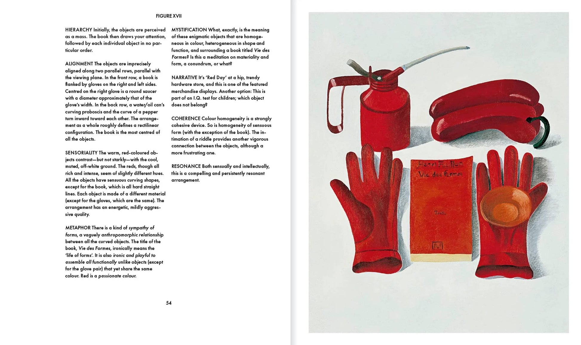 A spread from Apartamento Arranging Things: A Rhetoric of Object Placement by Apartamento shows text on the left and, on the right, an illustration of neatly organized red fire safety equipment on a white surface.