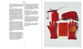 A spread from Apartamento Arranging Things: A Rhetoric of Object Placement by Apartamento shows text on the left and, on the right, an illustration of neatly organized red fire safety equipment on a white surface.