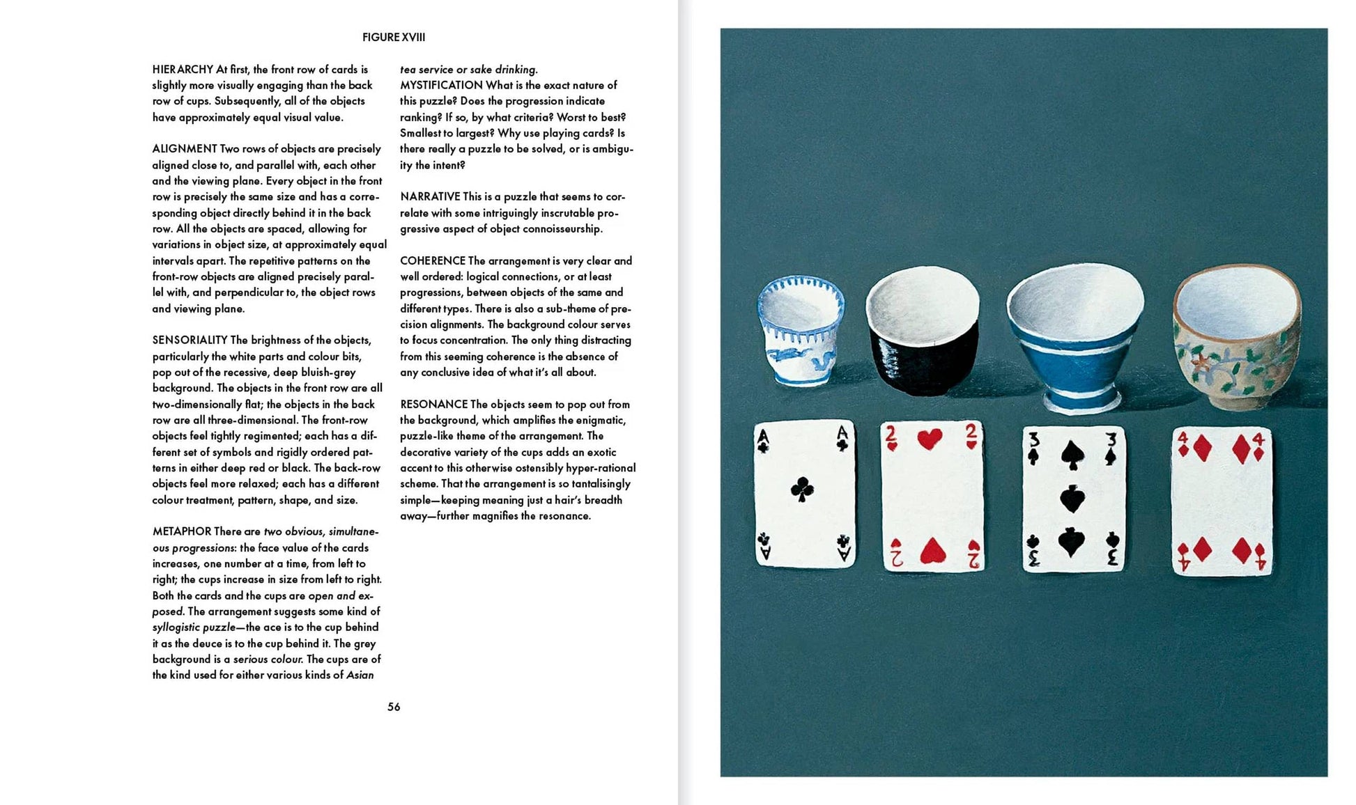 A two-page spread from Apartamento Arranging Things: A Rhetoric of Object Placement by Apartamento displays text on the left and, on the right, four teacups and four playing cards neatly arranged in two rows on a dark surface.