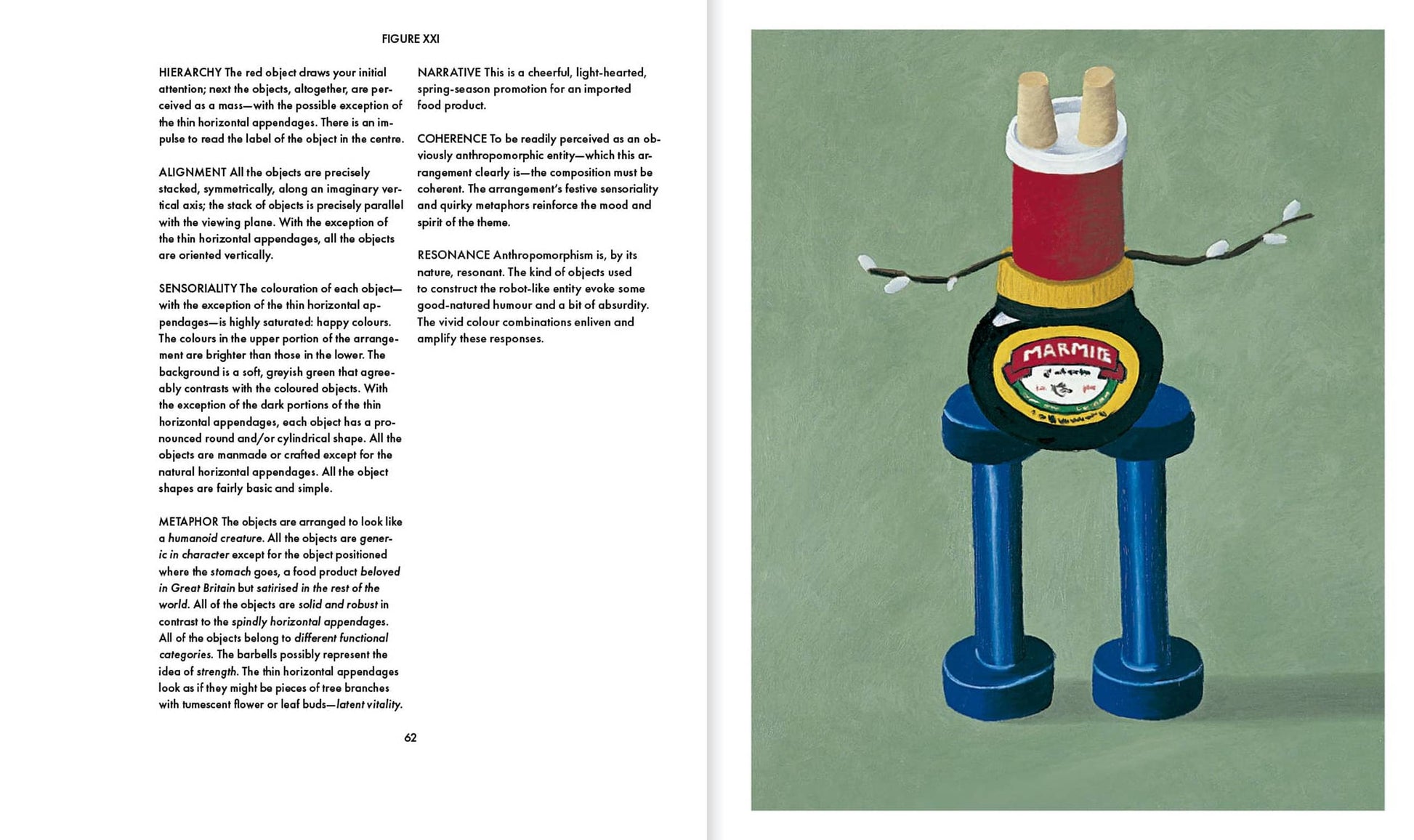 A spread from Apartamento Arranging Things: A Rhetoric of Object Placement features design principles on the left page and, on the right, an illustration of a whimsical robot made from a Marmite jar and household items with pipe cleaner arms.