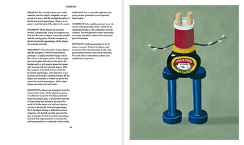 A spread from Apartamento Arranging Things: A Rhetoric of Object Placement features design principles on the left page and, on the right, an illustration of a whimsical robot made from a Marmite jar and household items with pipe cleaner arms.