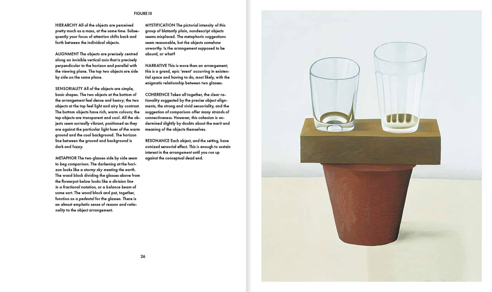 In Apartamento Arranging Things: A Rhetoric of Object Placement by Apartamento, one book spread features design philosophy and visual hierarchy on the left page, with art on the right showing two empty glasses atop a wooden plank and terracotta pot.
