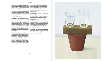 In Apartamento Arranging Things: A Rhetoric of Object Placement by Apartamento, one book spread features design philosophy and visual hierarchy on the left page, with art on the right showing two empty glasses atop a wooden plank and terracotta pot.