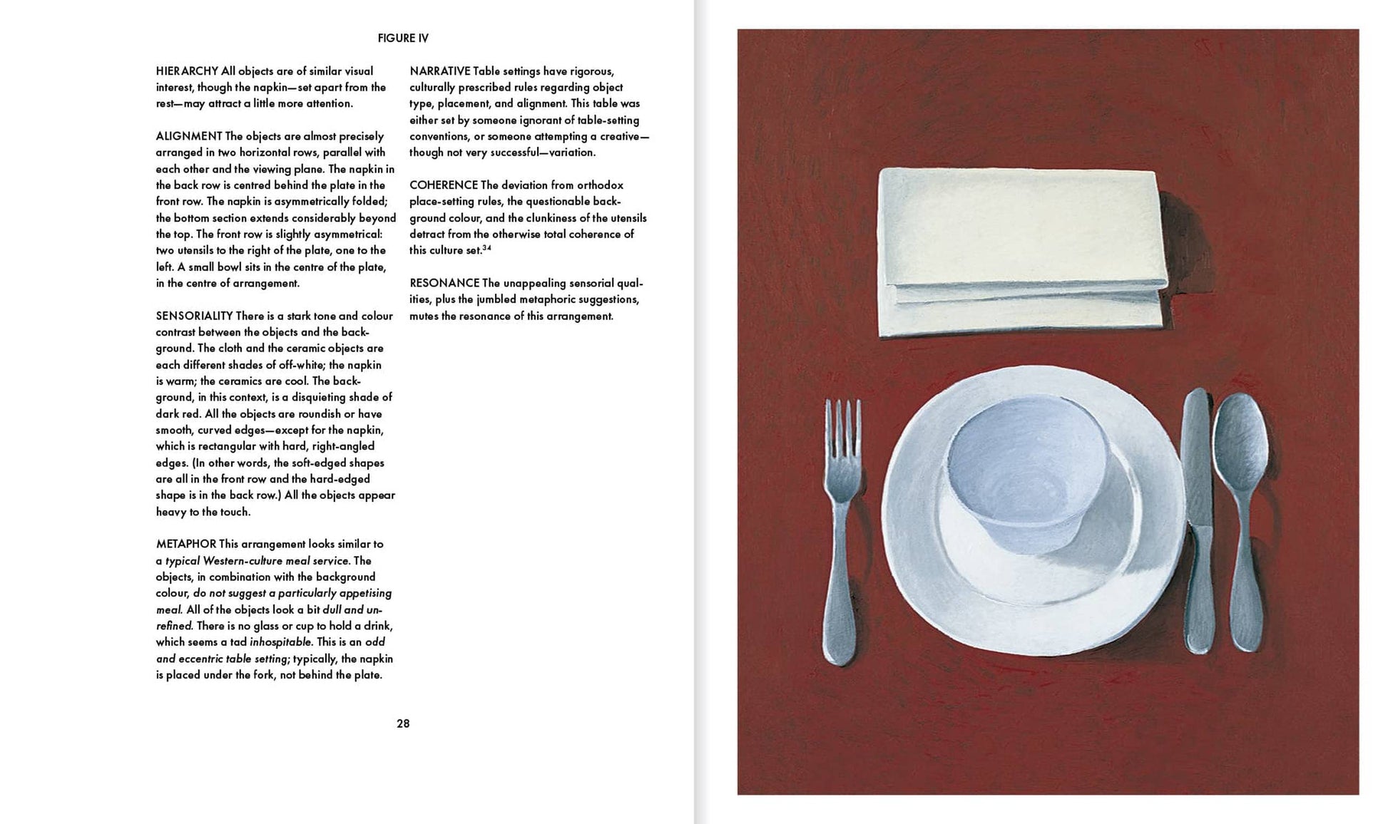 An open book, Apartamento Arranging Things: A Rhetoric of Object Placement by Apartamento, displays text on the left and an artful place setting illustration—plate, bowl, utensils, napkins—on a red table on the right page.