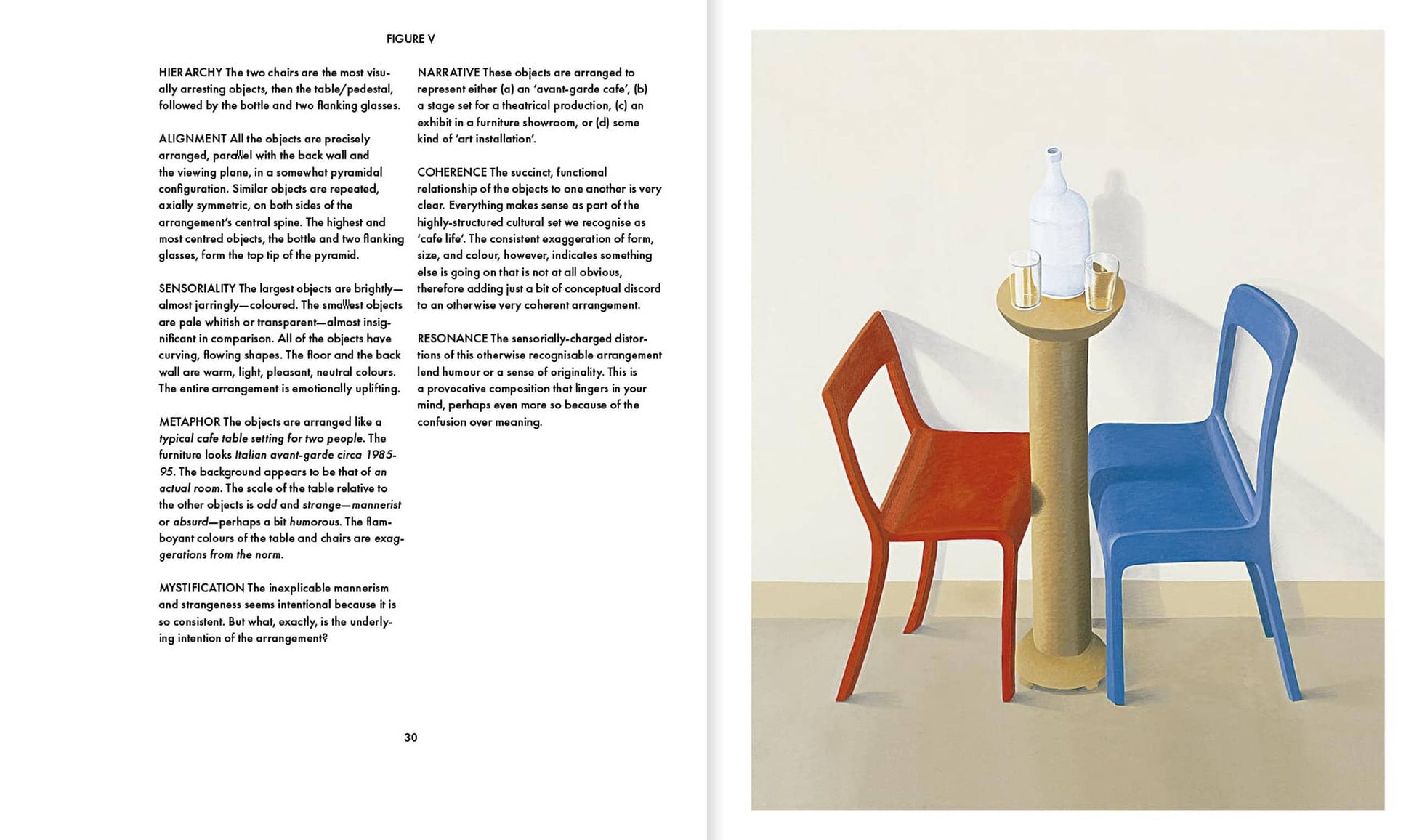 An open copy of Apartamento Arranging Things: A Rhetoric of Object Placement by Apartamento displays a design philosophy text on the left page and, on the right, an illustration of a table with a white bottle and glass between red and blue chairs.