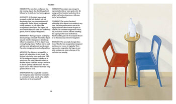 An open copy of Apartamento Arranging Things: A Rhetoric of Object Placement by Apartamento displays a design philosophy text on the left page and, on the right, an illustration of a table with a white bottle and glass between red and blue chairs.