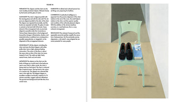 A mint green chair on a light floor holds black loafers and a glass of water against a minimal backdrop—an aesthetic echoing design philosophy. The left page features text from Apartamento Arranging Things: A Rhetoric of Object Placement by Apartamento.