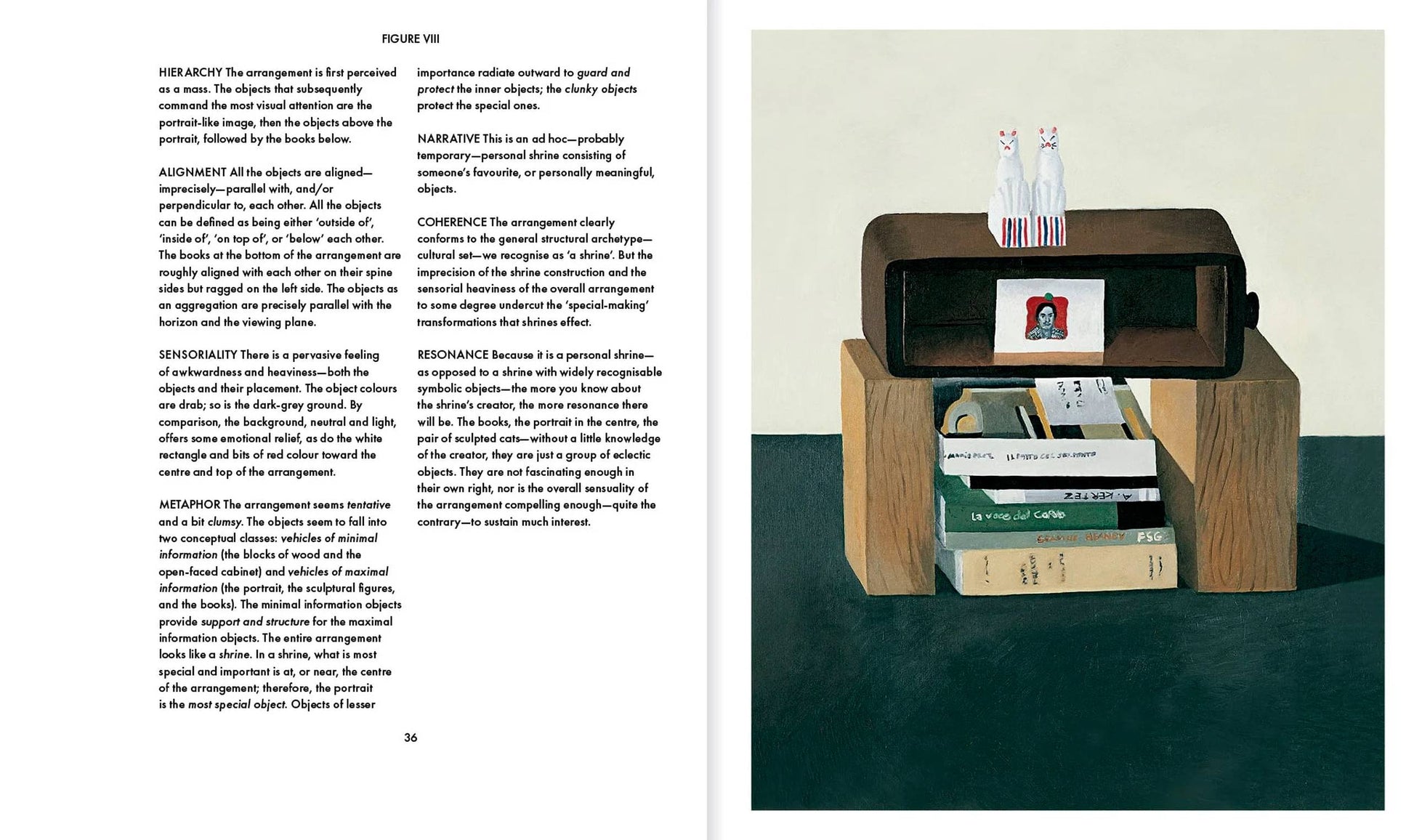 A two-page spread from Apartamento Arranging Things: A Rhetoric of Object Placement by Apartamento—left page covers art composition and design; right page shows a painting of a block bookshelf with books, frame, and red-striped bowling pins on top.