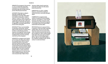 A two-page spread from Apartamento Arranging Things: A Rhetoric of Object Placement by Apartamento—left page covers art composition and design; right page shows a painting of a block bookshelf with books, frame, and red-striped bowling pins on top.