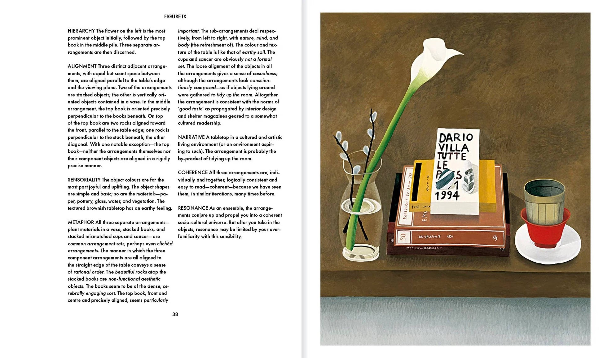 An open book, Apartamento Arranging Things: A Rhetoric of Object Placement by Apartamento, shows sectioned text on the left and an illustration on the right with a vase, books, framed card, and red cup arranged on a brown surface.
