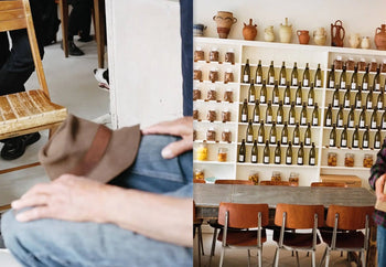 A split image: left shows someone on a chair with a brown hat and curious dog; right displays shelves of wine and jars above a cozy table—capturing the inviting restaurant feel from Apartamento Atelier September: A Place for Daytime Cooking.
