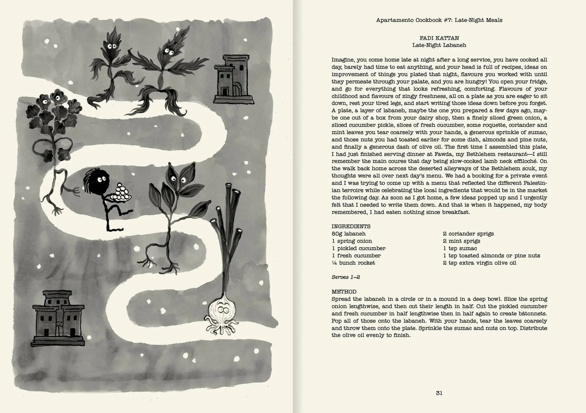 A black and white illustrated page features a wavy path of quirky veggies and buildings beside a “Paxi Katari” recipe, inspired by Apartamento Cookbook #7: Late-Night Meals from Apartamento—perfect for nocturnal nourishment.