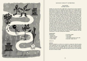 A black and white illustrated page features a wavy path of quirky veggies and buildings beside a “Paxi Katari” recipe, inspired by Apartamento Cookbook #7: Late-Night Meals from Apartamento—perfect for nocturnal nourishment.