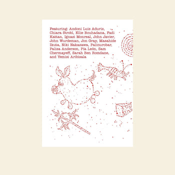 Apartamento Cookbook #7: Late-Night Meals by Apartamento features a white poster with a red constellation-style pig, lobster, and chef’s knife illustration. Chef names in red evoke the lively spirit of nocturnal dining and after-hours meals.
