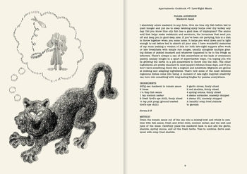 A black-and-white sketch of a crouched panther imagines a person with an umbrella. Next to it is a recipe called PAISHA AKBARSCH from Apartamento Cookbook #7: Late-Night Meals by Apartamento, promising irresistible night bites.