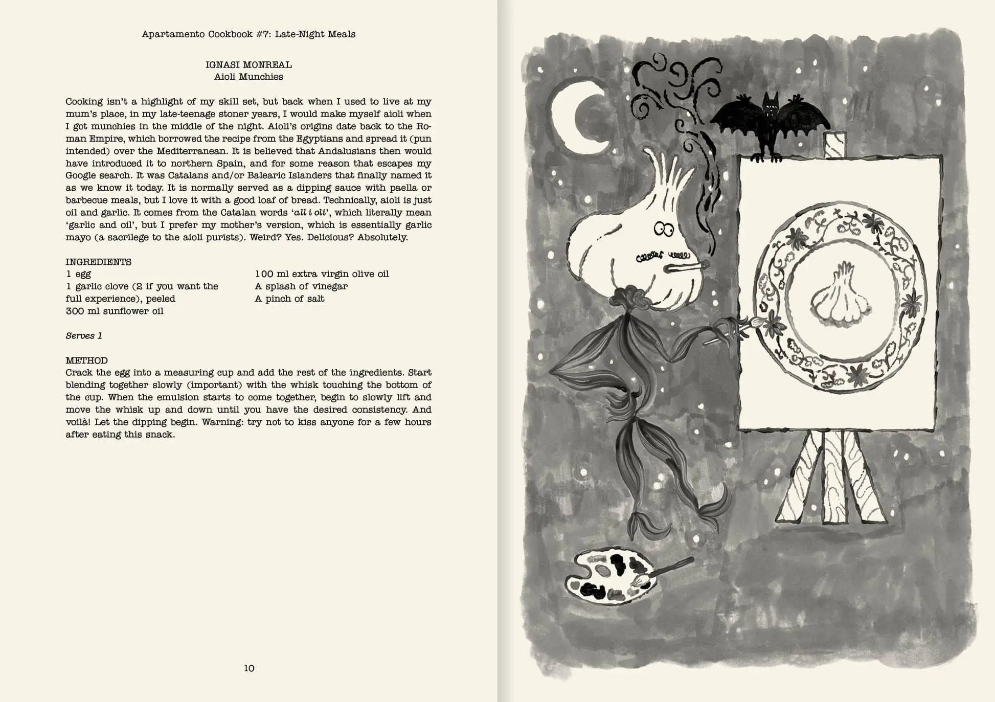 Inspired by Apartamento Cookbook #7: Late-Night Meals, this illustrated spread features a Ukrainian Morelaka Anti Mushmies recipe on the left and a moonlit scene with bat, onion spirit, skull, and garlic plate on the right.
