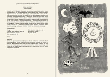 Inspired by Apartamento Cookbook #7: Late-Night Meals, this illustrated spread features a Ukrainian Morelaka Anti Mushmies recipe on the left and a moonlit scene with bat, onion spirit, skull, and garlic plate on the right.