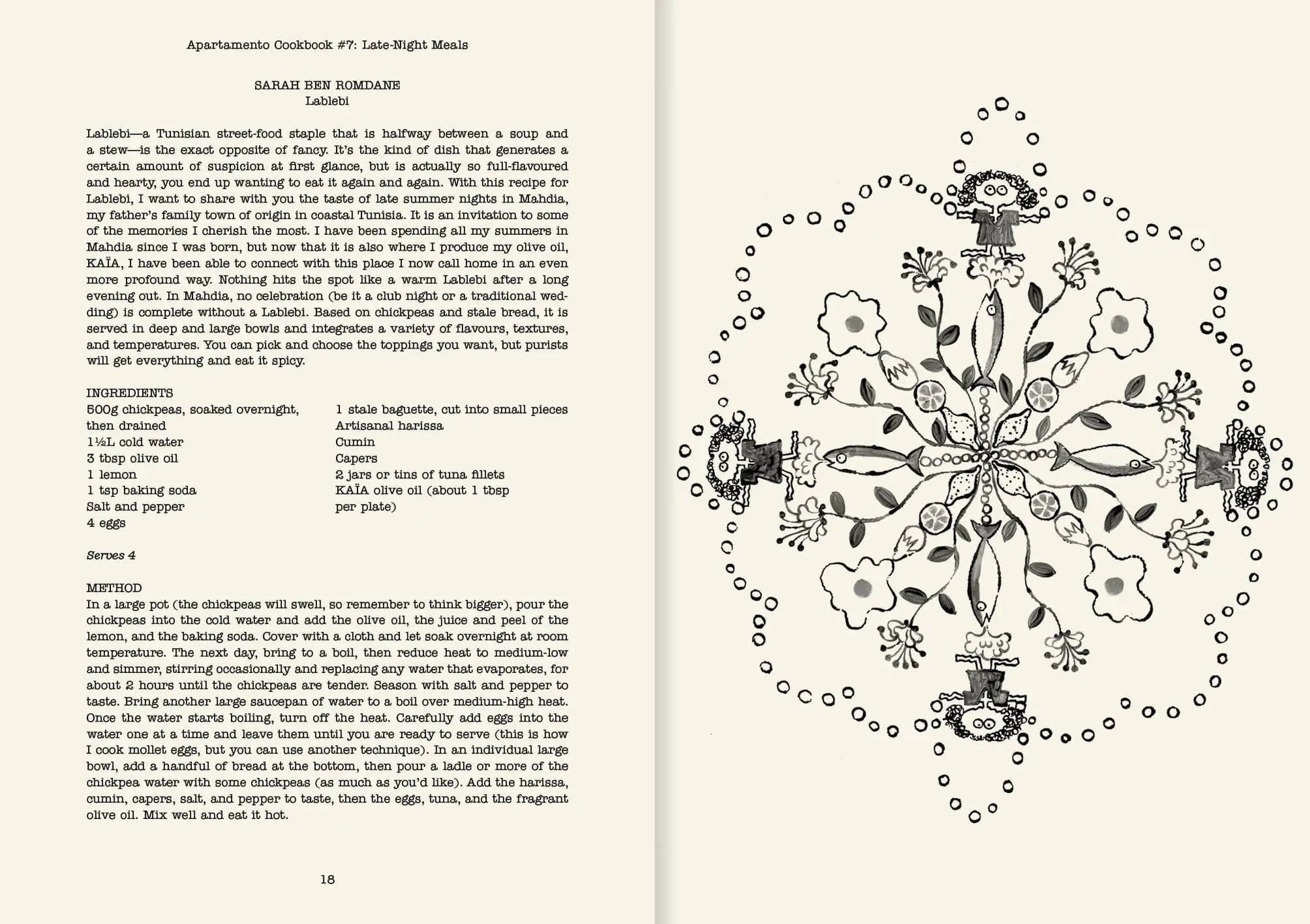 Inspired by Apartamento Cookbook #7: Late-Night Meals by Apartamento, this vintage spread features Lablabi recipe instructions on the left and a mandala-style floral illustration on the right—a perfect late-night meal guide.