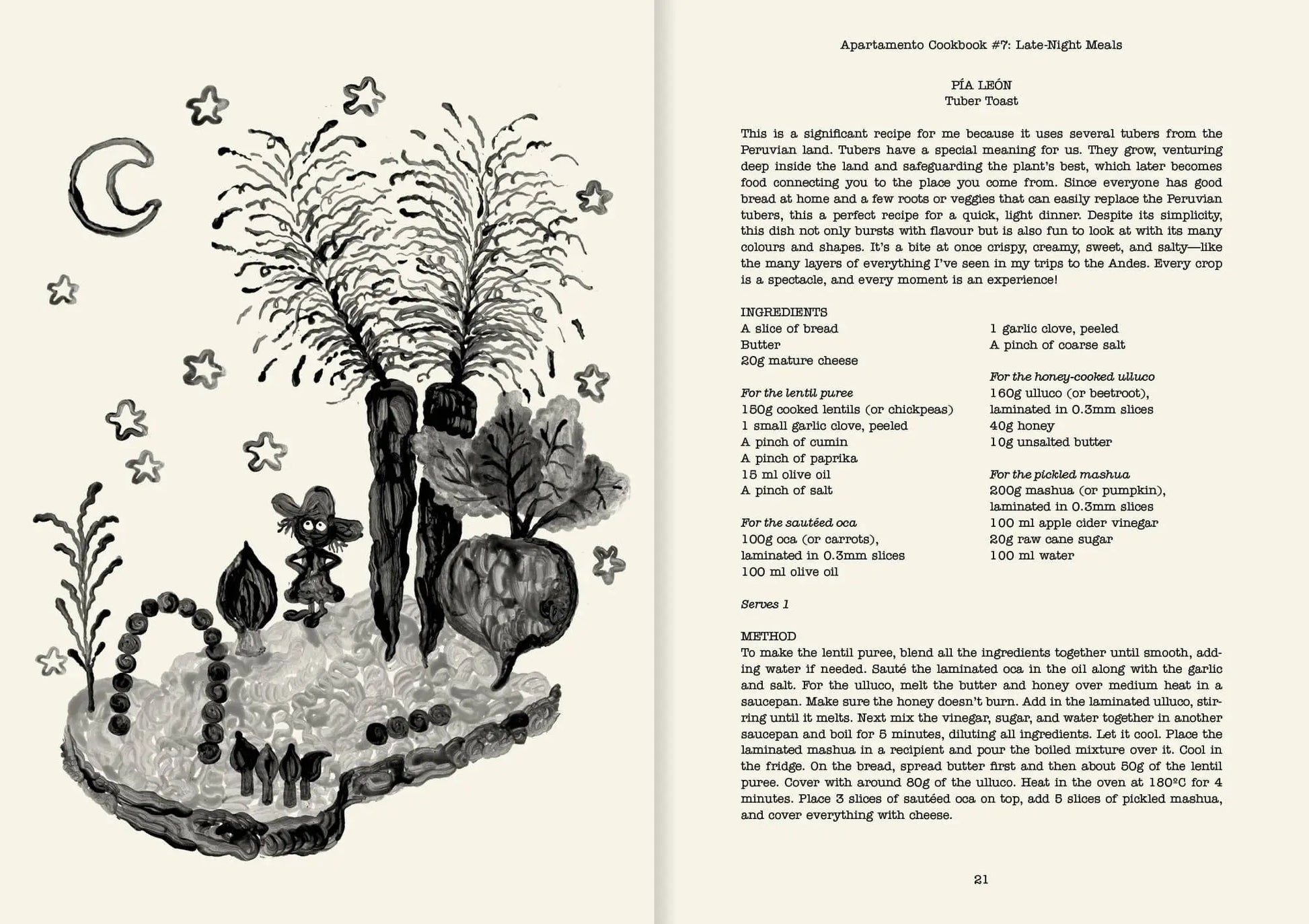 A black-and-white illustrated recipe book spread from Apartamento Cookbook #7: Late-Night Meals by Apartamento features whimsical drawings of vegetables on the left and the Tuber Toast recipe text on the right, perfect for nocturnal nourishment.