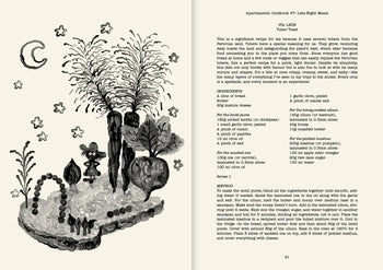 A black-and-white illustrated recipe book spread from Apartamento Cookbook #7: Late-Night Meals by Apartamento features whimsical drawings of vegetables on the left and the Tuber Toast recipe text on the right, perfect for nocturnal nourishment.