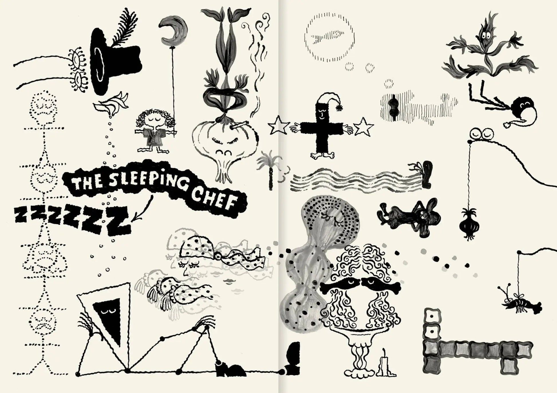 A whimsical black-and-white doodle collage inspired by Apartamento Cookbook #7: Late-Night Meals features abstract shapes, a sleeping chef sign, hats, clouds, and playful patterns on a cream background—celebrating nocturnal nourishment.