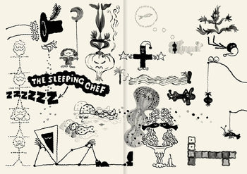 A whimsical black-and-white doodle collage inspired by Apartamento Cookbook #7: Late-Night Meals features abstract shapes, a sleeping chef sign, hats, clouds, and playful patterns on a cream background—celebrating nocturnal nourishment.
